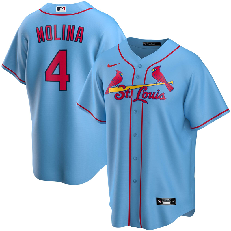 2020 MLB Men St. Louis Cardinals 4 Yadier Molina Nike Light Blue Alternate 2020 Replica Player Jersey 1